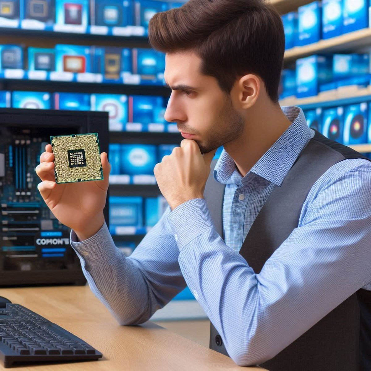 un usuario en una tienda de computación evaluando el mejor CPU para elegir